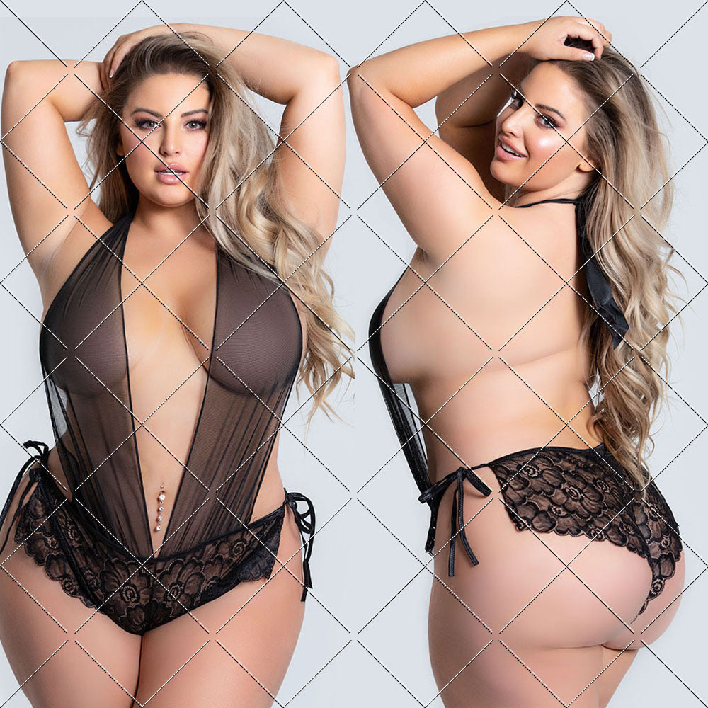 Lingerie Sexy grande taille pour femmes, dentelle transparente, collant une pièce, chemise de nuit