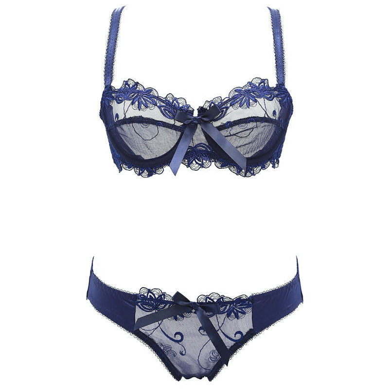 Sous-vêtements sexy européens et américains sans coussinet de poitrine, ensemble de soutien-gorge en maille froncée en dentelle ultra fine, culotte de sous-vêtements réglable de grande taille