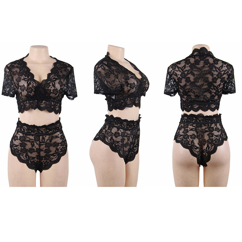 Comeondear-Conjunto de cintura alta para Mujer, ropa interior transparente, Bralette de manga corta, Encaje, ropa interior transparente