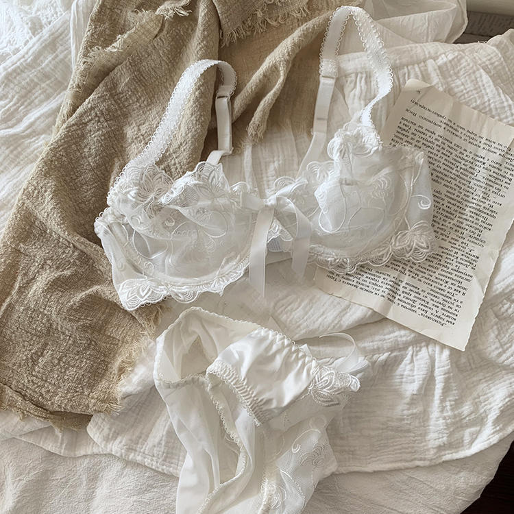 Sous-vêtements sexy européens et américains sans coussinet de poitrine, ensemble de soutien-gorge en maille froncée en dentelle ultra fine, culotte de sous-vêtements réglable de grande taille