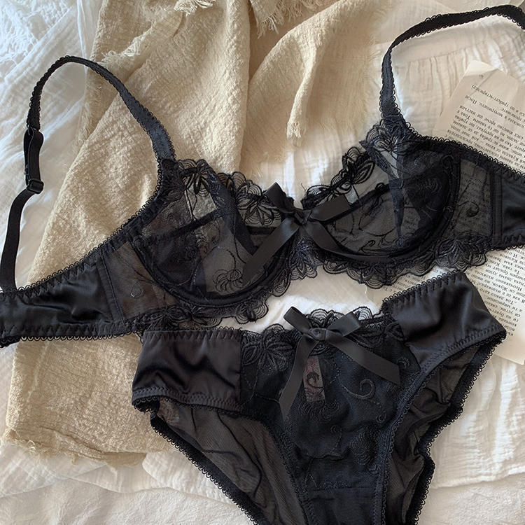 Sous-vêtements sexy européens et américains sans coussinet de poitrine, ensemble de soutien-gorge en maille froncée en dentelle ultra fine, culotte de sous-vêtements réglable de grande taille