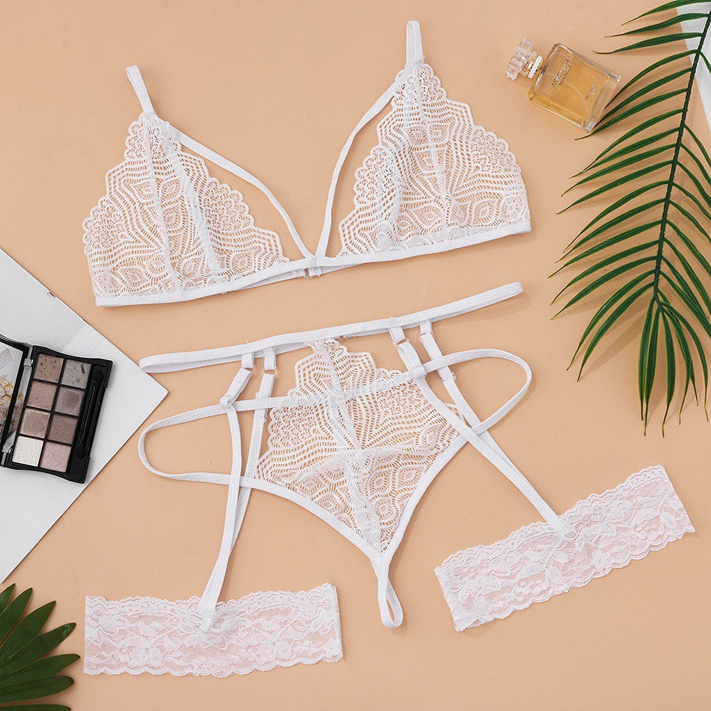 Conjunto de pijama de encaje sexy bikini de tres puntos de lencería sexy