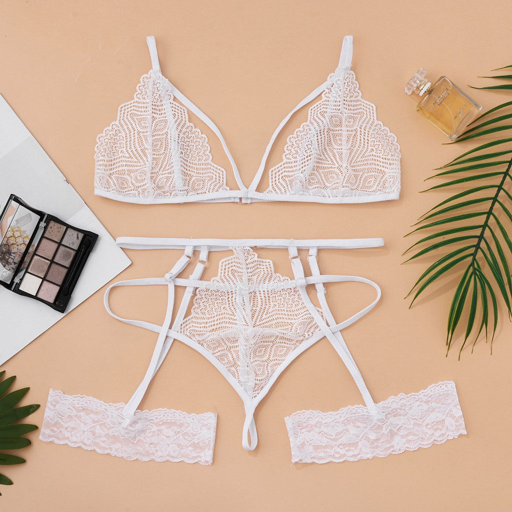 Conjunto de pijama de encaje sexy bikini de tres puntos de lencería sexy
