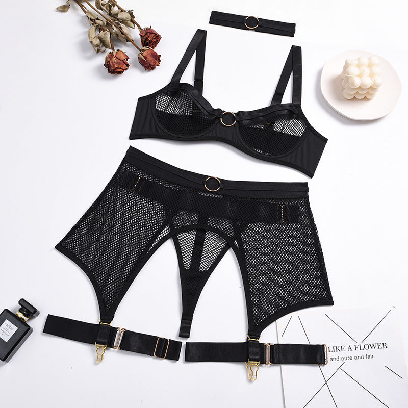 European And American Sexy Lingerie Four-Piece Mesh Iron Ring Stitching Collar Sexy Ladies Underwear