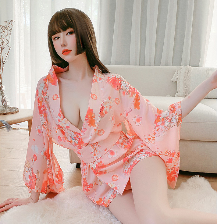Conjunto de camisón de kimono sexy con vendaje estampado japonés de lencería sexy