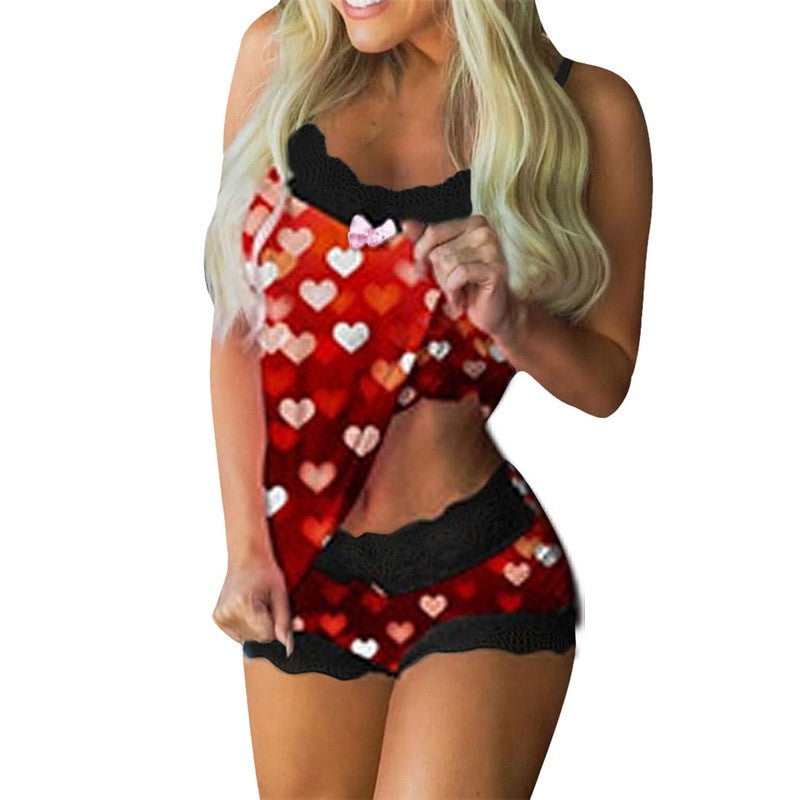 Lencería sexy de dos piezas Tirantes con estampado dulce sexy