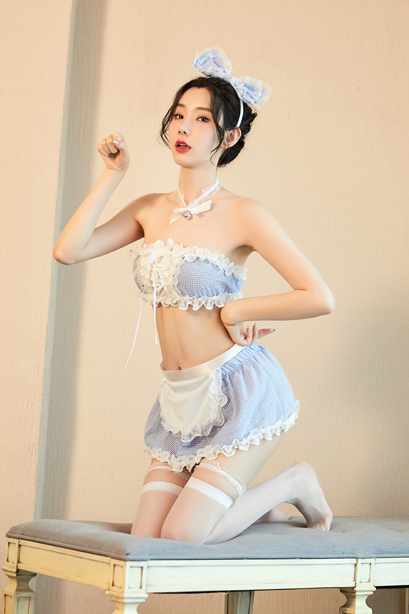 Lencería sexy femenina sexy rejilla azul sirvienta uniforme tentación