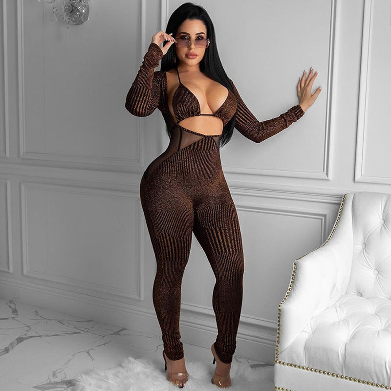 Conjunto de chaleco de mono de manga larga hueco de empalme de malla transparente sexy para mujer