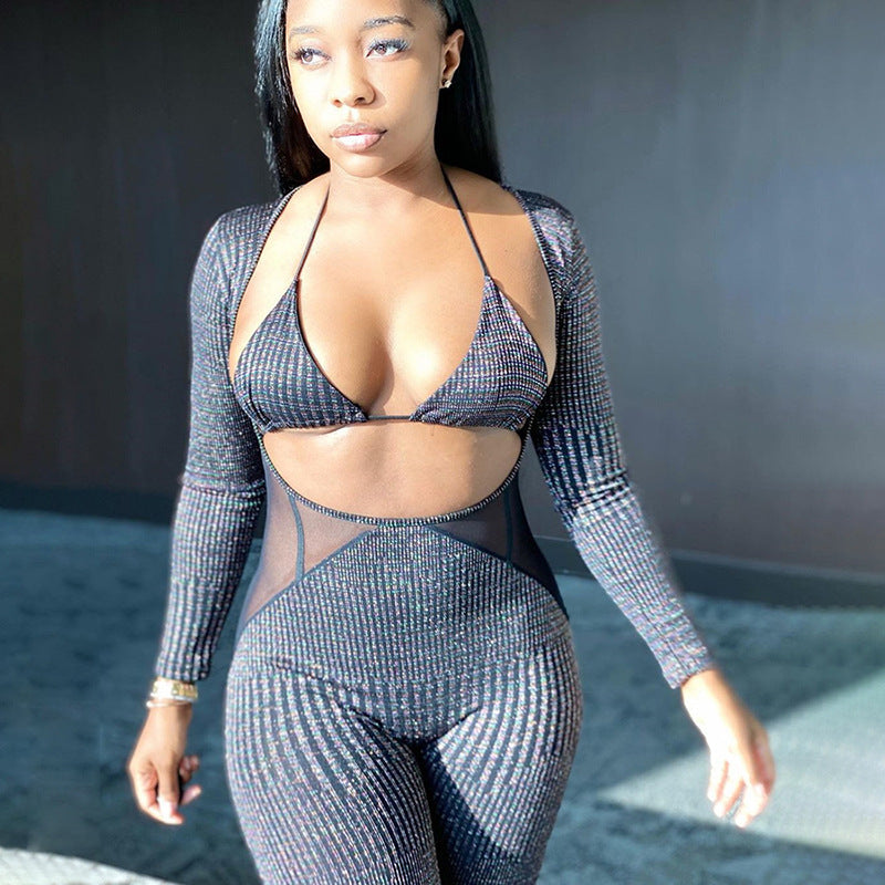 Conjunto de chaleco de mono de manga larga hueco de empalme de malla transparente sexy para mujer