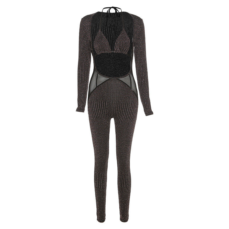 Conjunto de chaleco de mono de manga larga hueco de empalme de malla transparente sexy para mujer