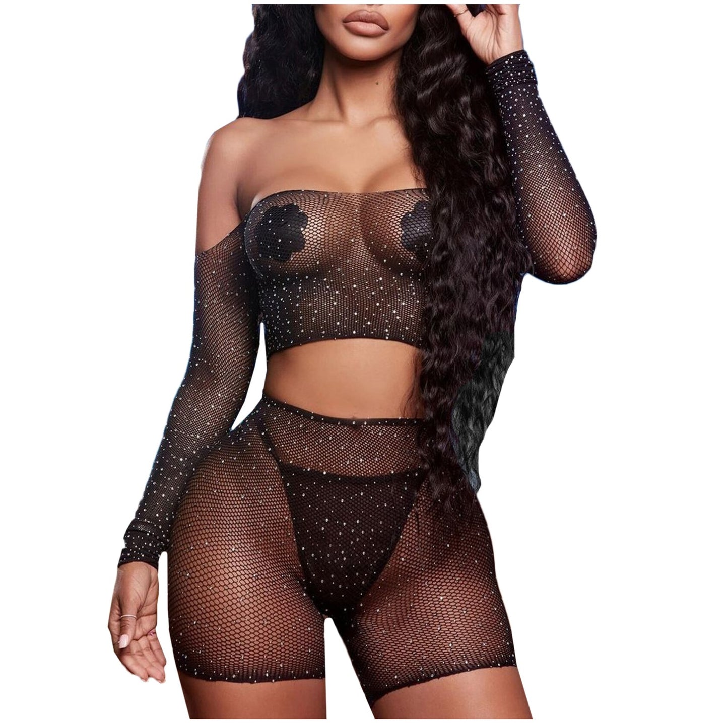Transparent Lingerie Babydoll Fishnet Underwear Rhinestone Women Shorts Mesh
