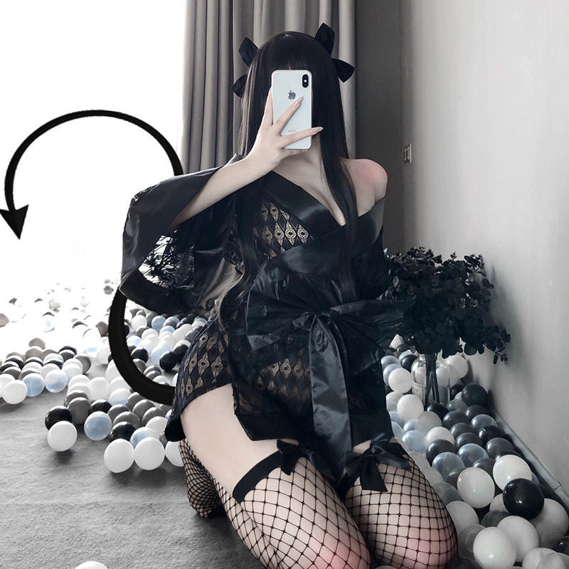 Kimono japonais Sexy pour femmes, Lingerie gratuite, directement dans le noir, peignoir, Cardigan, chemise de nuit, ensemble pyjama Passion
