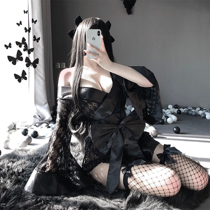 Kimono japonais Sexy pour femmes, Lingerie gratuite, directement dans le noir, peignoir, Cardigan, chemise de nuit, ensemble pyjama Passion