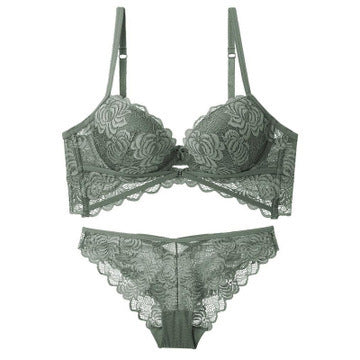 Conjunto de ropa interior de encaje sexy, ropa interior de sujetador de niña de flores hueca gruesa superior e inferior delgada
