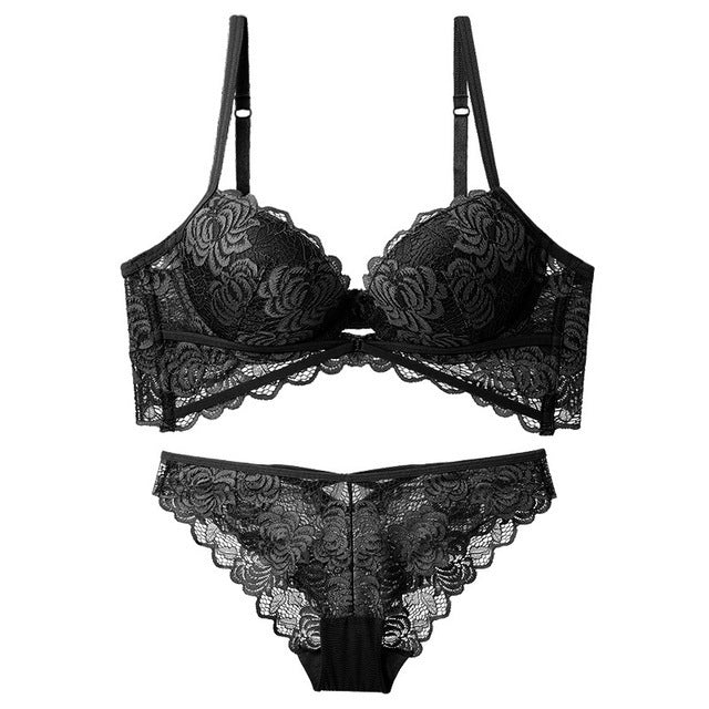 Conjunto de ropa interior de encaje sexy, ropa interior de sujetador de niña de flores hueca gruesa superior e inferior delgada