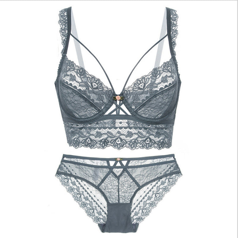 Conjunto de sujetador sexy ultrafino sin esponja con bordado de encaje
