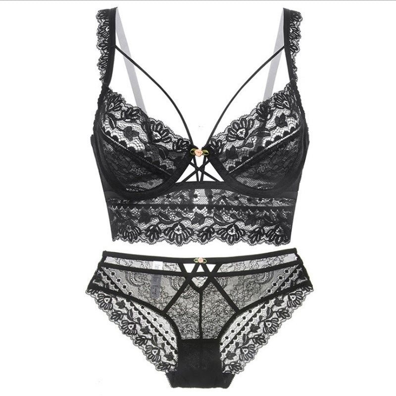 Conjunto de sujetador sexy ultrafino sin esponja con bordado de encaje