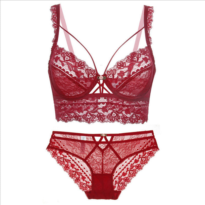 Conjunto de sujetador sexy ultrafino sin esponja con bordado de encaje