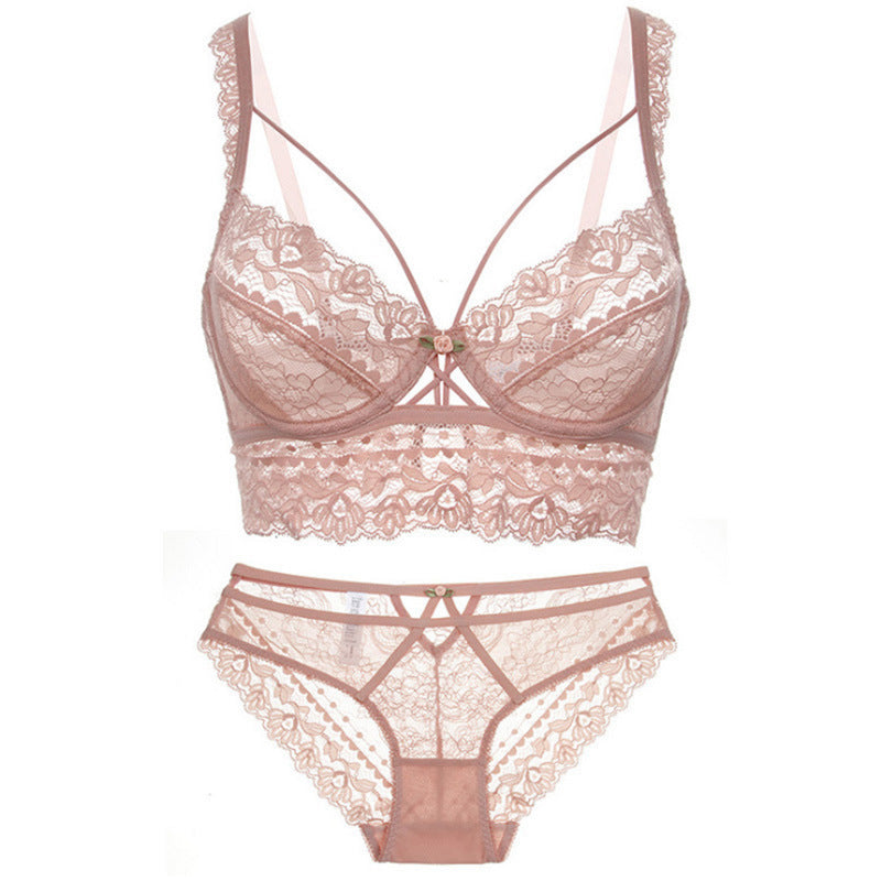 Conjunto de sujetador sexy ultrafino sin esponja con bordado de encaje
