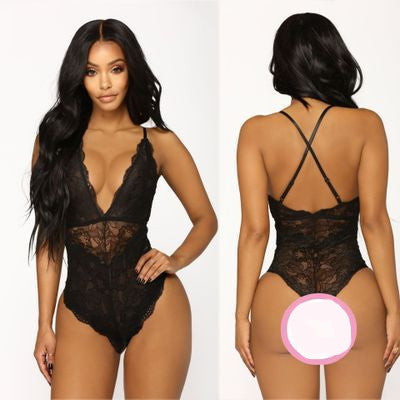 Lencería sexy negro con cordones ropa interior de una pieza para mujer