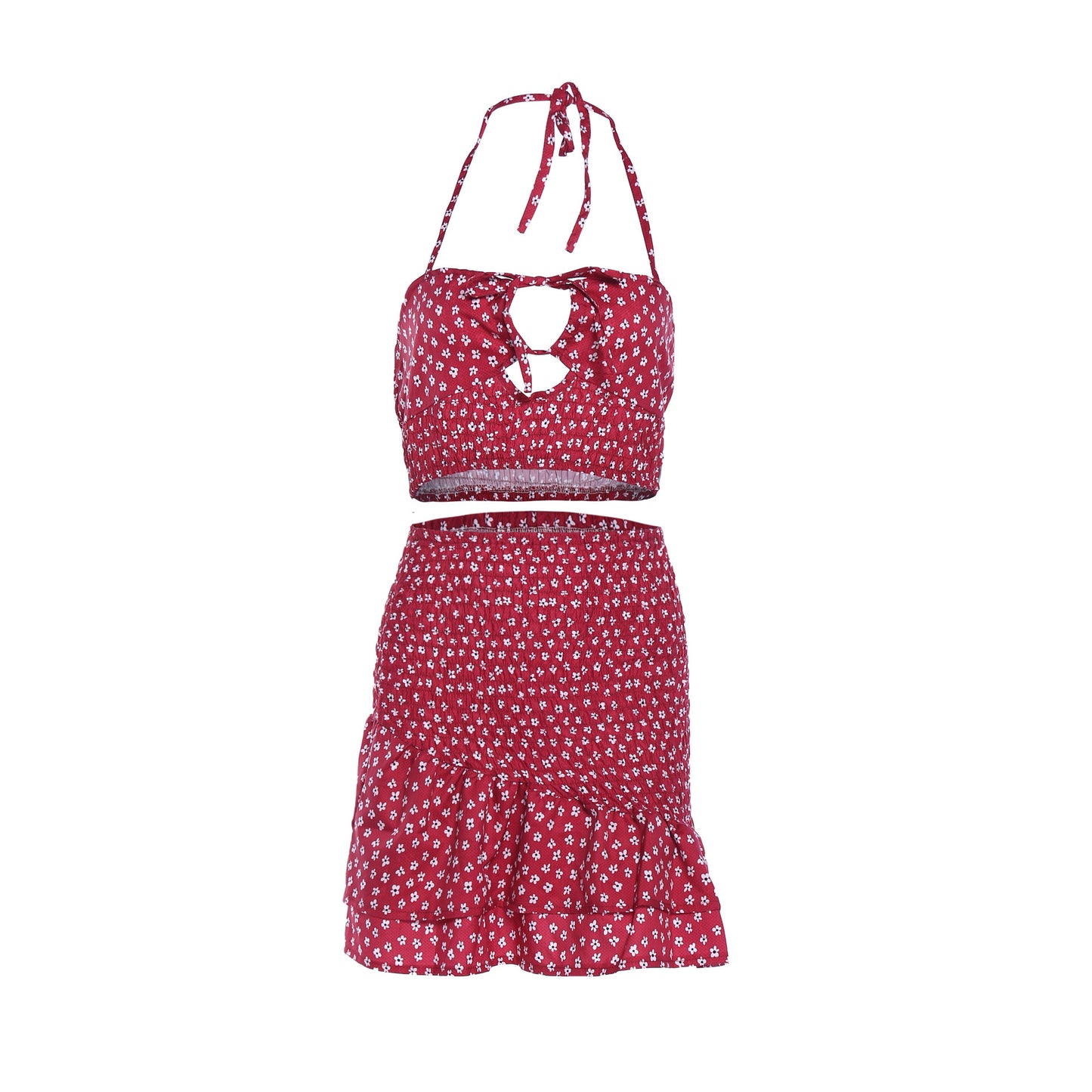 Conjunto de falda floral plisada de dos piezas con top camisola halter sexy