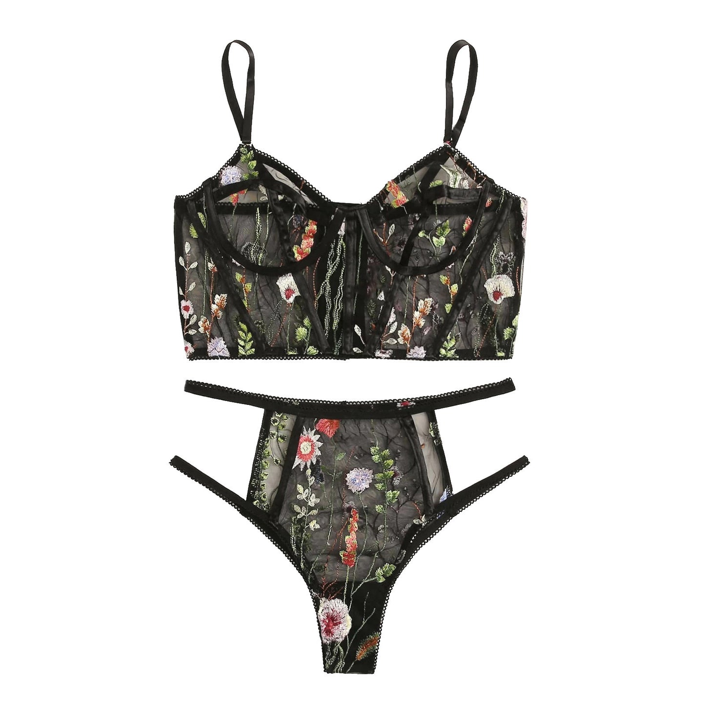 Conjunto de lencería Sexy para mujer, conjunto de ropa interior de malla transparente con bordado Floral, conjunto de sujetador tentador sin costuras y bragas, 2 uds.