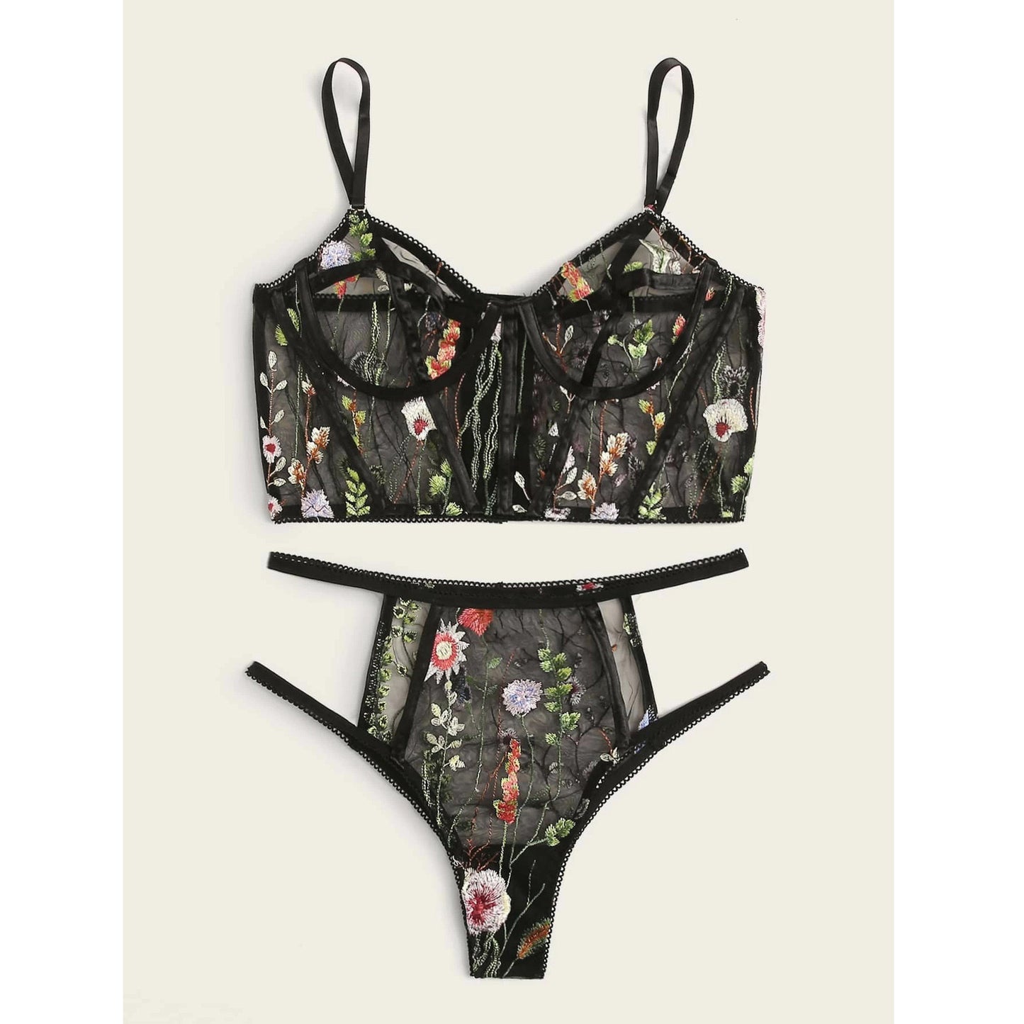 Conjunto de lencería Sexy para mujer, conjunto de ropa interior de malla transparente con bordado Floral, conjunto de sujetador tentador sin costuras y bragas, 2 uds.
