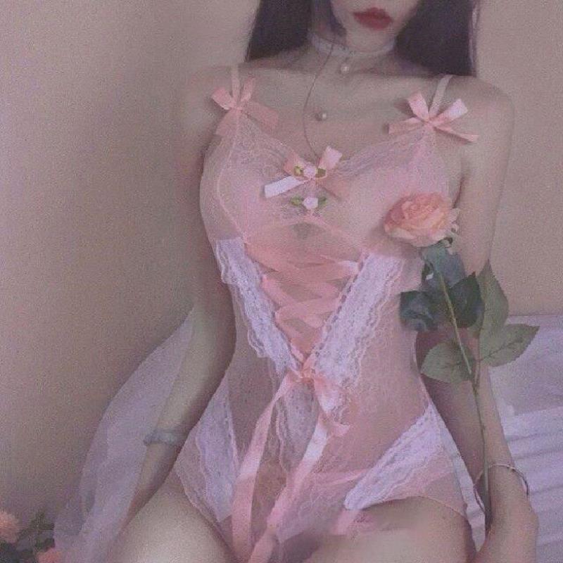 Sexy Lingerie Women'S Extreme Temptation Lace Peach Sexy Backless Transparent One-Piece Pajamas Suit