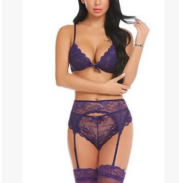 New European And American Women's Sexy Multicolor Lace Garter Three-piece Suit Sexy Lingerie
