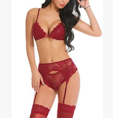 New European And American Women's Sexy Multicolor Lace Garter Three-piece Suit Sexy Lingerie