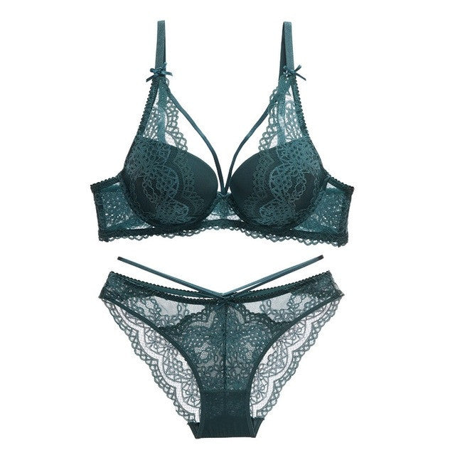 Ensemble de sous-vêtements verts pour femmes, soutien-gorge Push Up, culotte, Lingerie