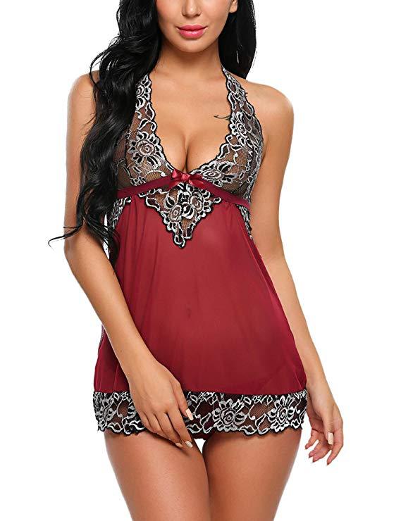 Babydoll de lencería de encaje con cuello en V para mujer sexy de verano