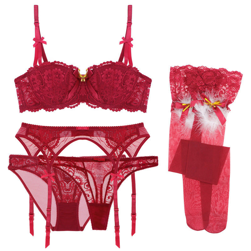 Sexy Lace Cup Bra Set Christmas Valentine's Day Gift Temptation Stockings Thong