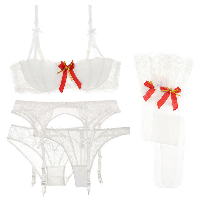Sexy Lace Cup Bra Set Christmas Valentine's Day Gift Temptation Stockings Thong