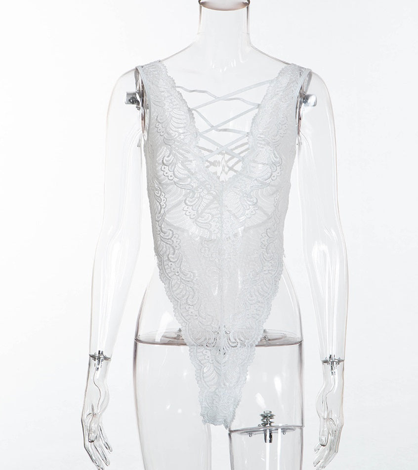 Traje de seducción de una pieza con perspectiva de encaje blanco de lencería sexy