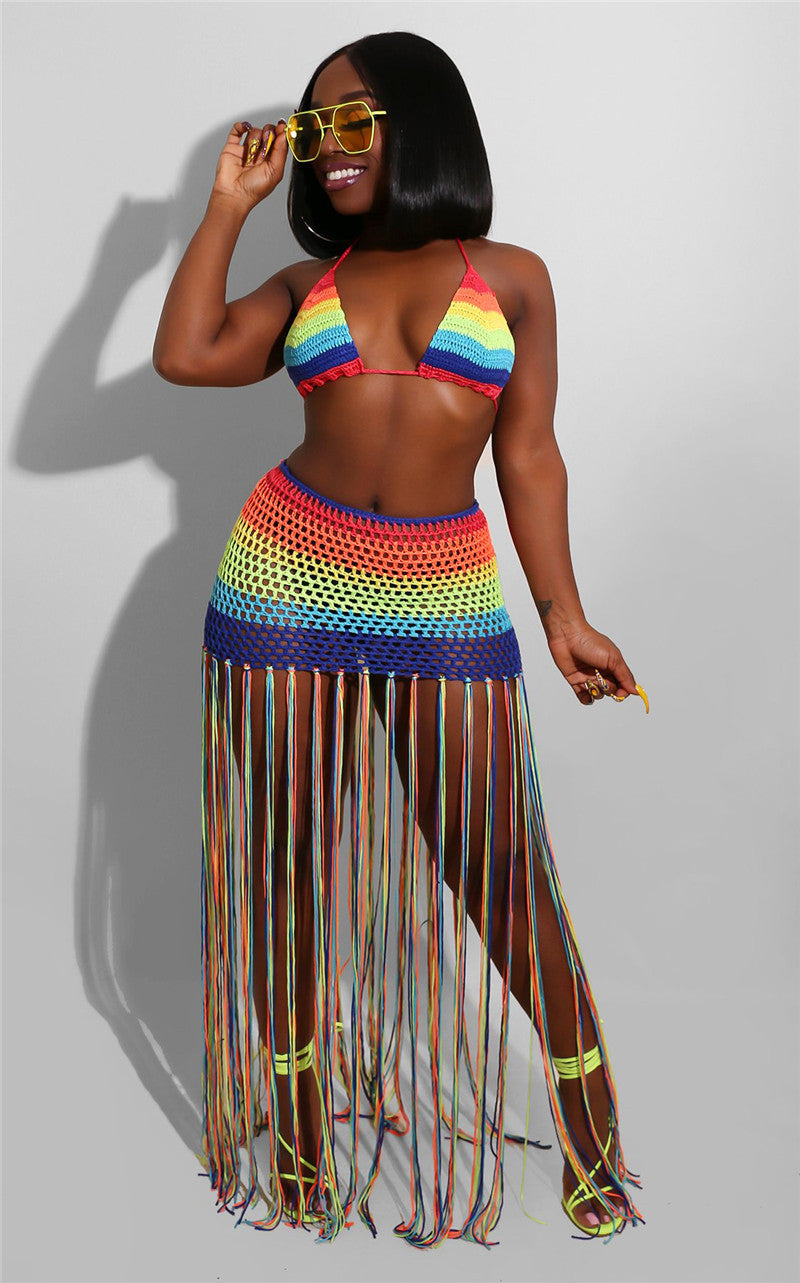 Ensemble 2 pièces sexy avec pompon au crochet arc-en-ciel