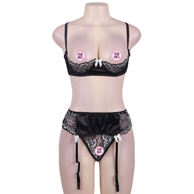 Plus Size Sexy Lingerie Women Sexy Lace Cutout Three Point Garter Bra Set with Steel Ring