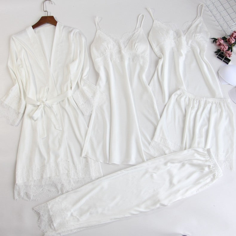 Pyjama cinq pièces pour femme, chemise de nuit sexy en dentelle avec coussinet de poitrine
