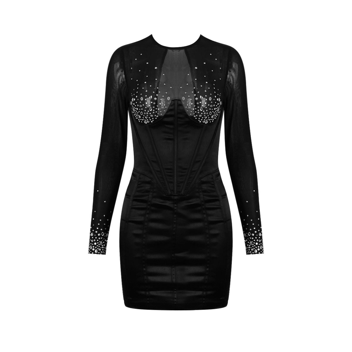 Women's Hot Rhinestone Fishbone Hot Girl Skinny Hip Skirt Black Dress