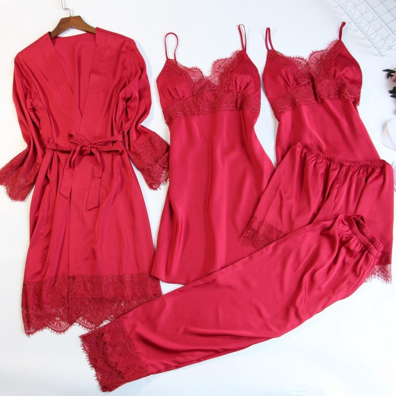 Pyjama cinq pièces pour femme, chemise de nuit sexy en dentelle avec coussinet de poitrine