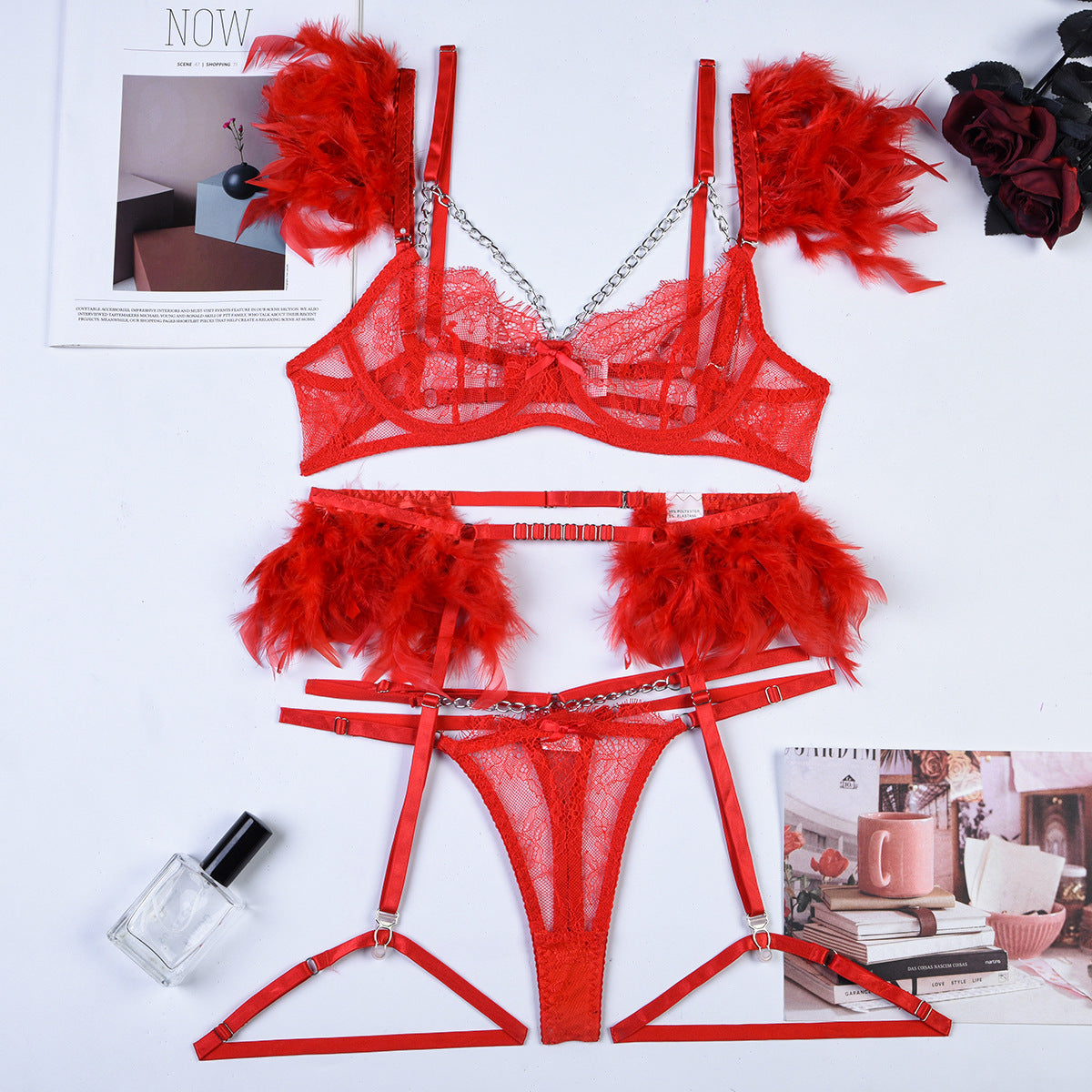 Cadenas de Navidad Encaje Lencería sexy Mujer Ropa interior Sujetador Pa