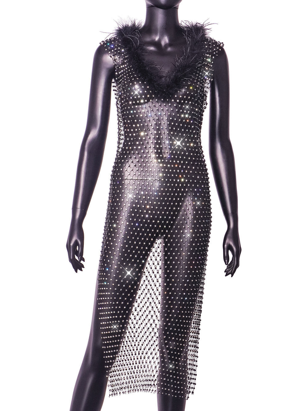Amazon Women's Clothes Hot-selling Grid Rhinestone Fur Collar Dress