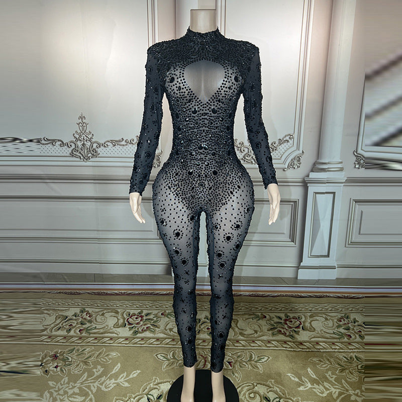 Nightclub Bar Party Sheer Cutout Rhinestone Jumpsuit