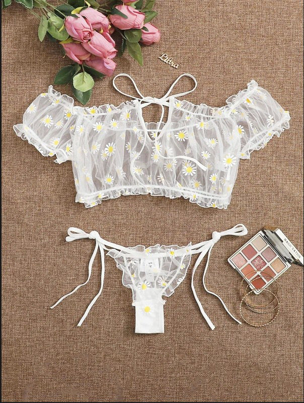 Women Bra Set Retro Ribbon without Steel Ring Lace Thin Girl Japanese Underwear Student Small Chest