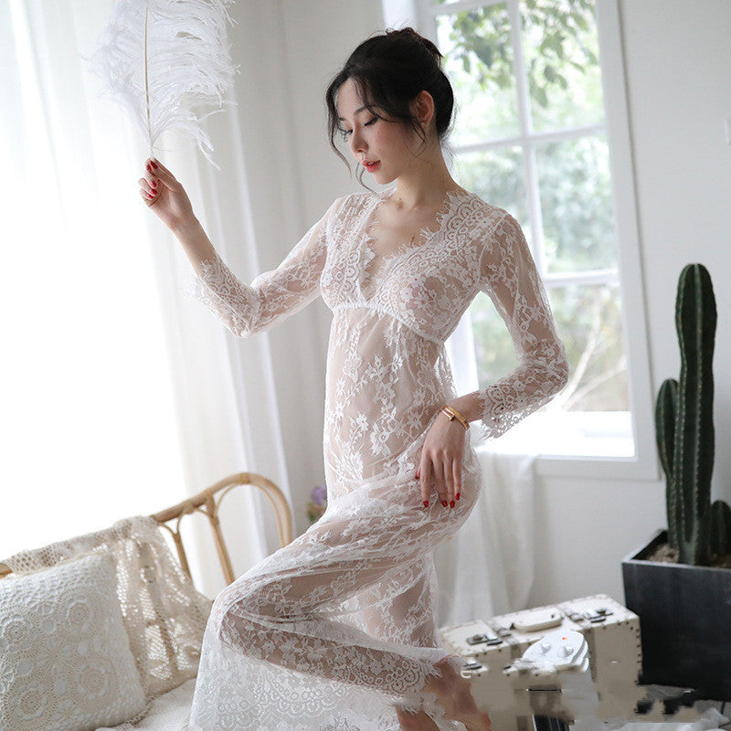 Lingerie sexy femme dentelle jupe longue tentation pyjama cheveux