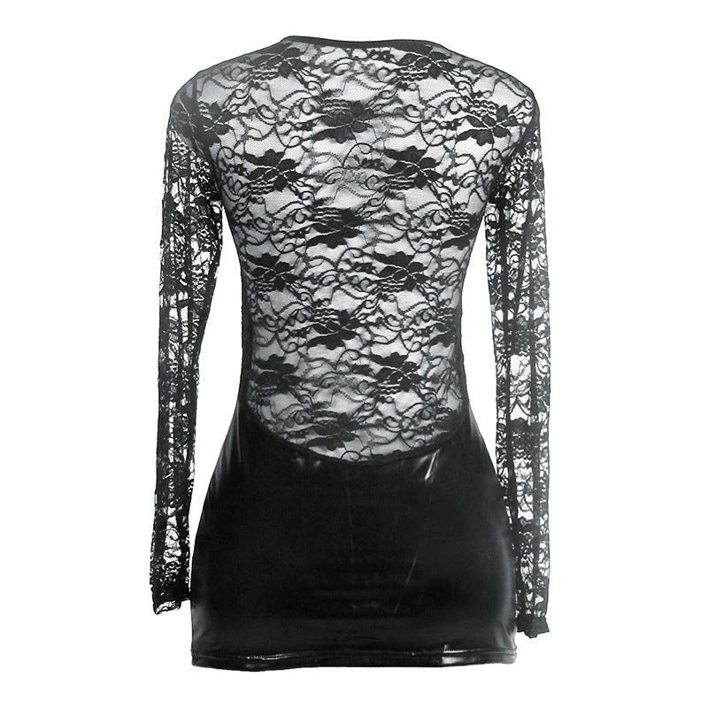 Plus Size Women Faux Leather Lace Stitching Sexy Outerwear Nightdress Club Wear Sexy Tight Dress