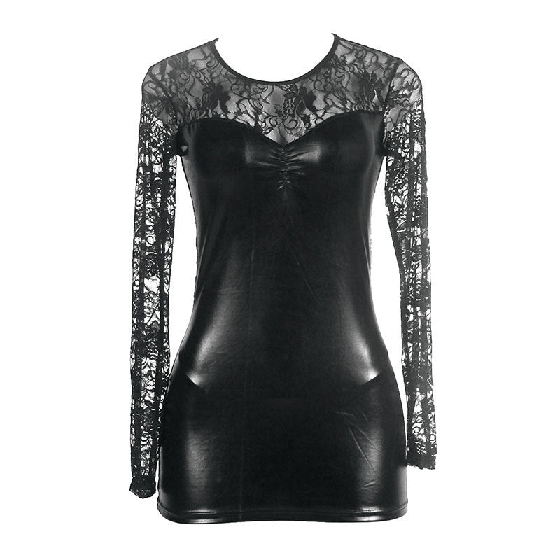 Plus Size Women Faux Leather Lace Stitching Sexy Outerwear Nightdress Club Wear Sexy Tight Dress