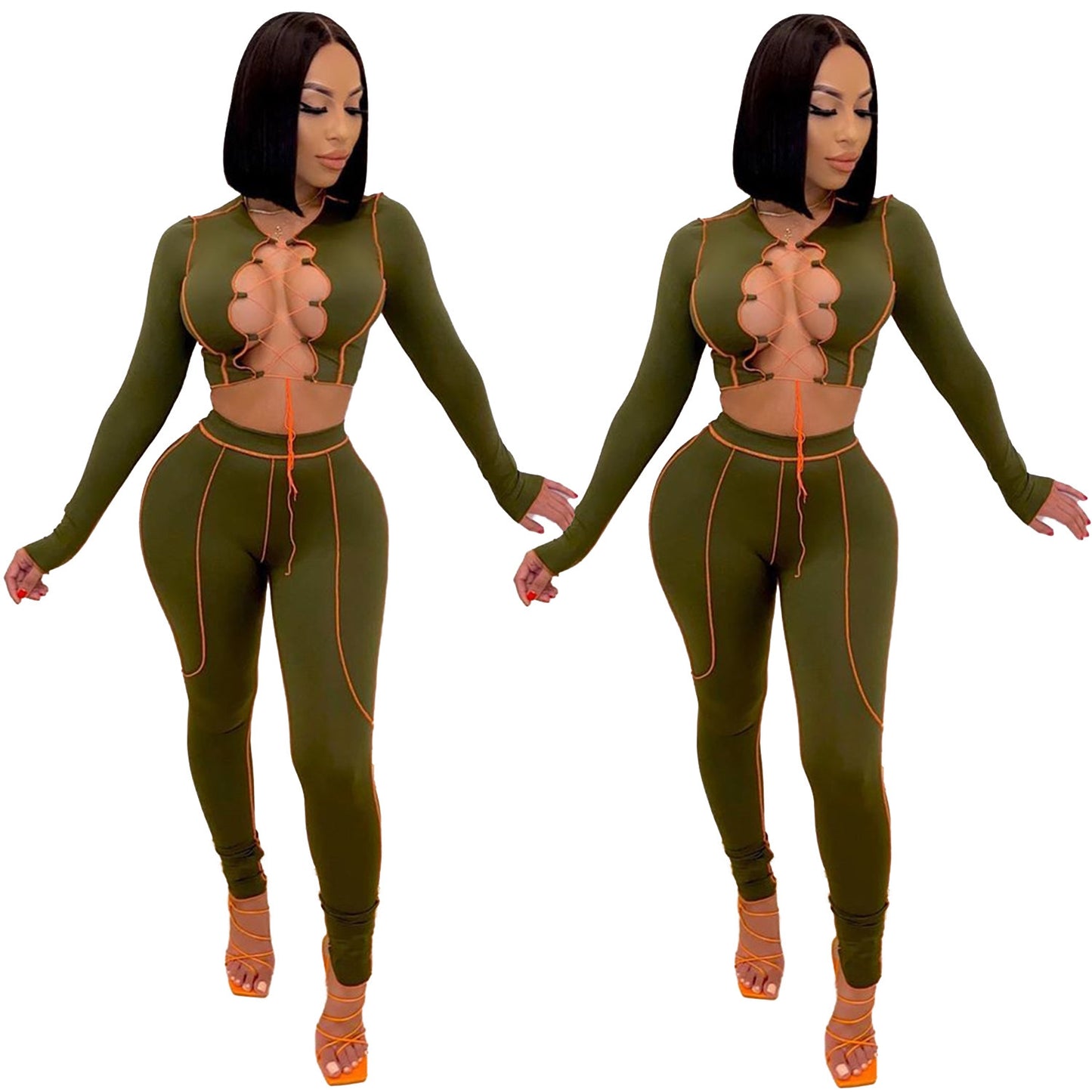 Ensemble deux pièces bandage sexy ajouré à manches longues
