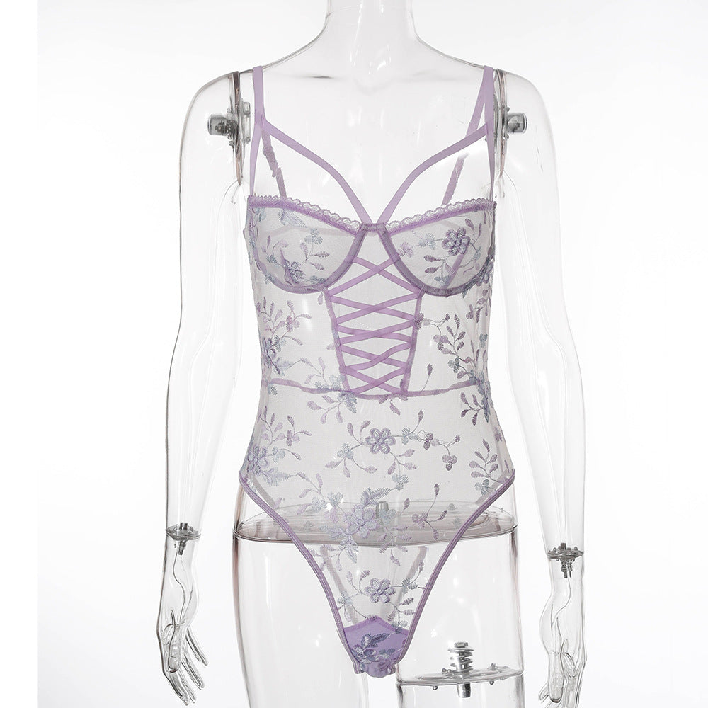 Body à fleurs brodées en résille