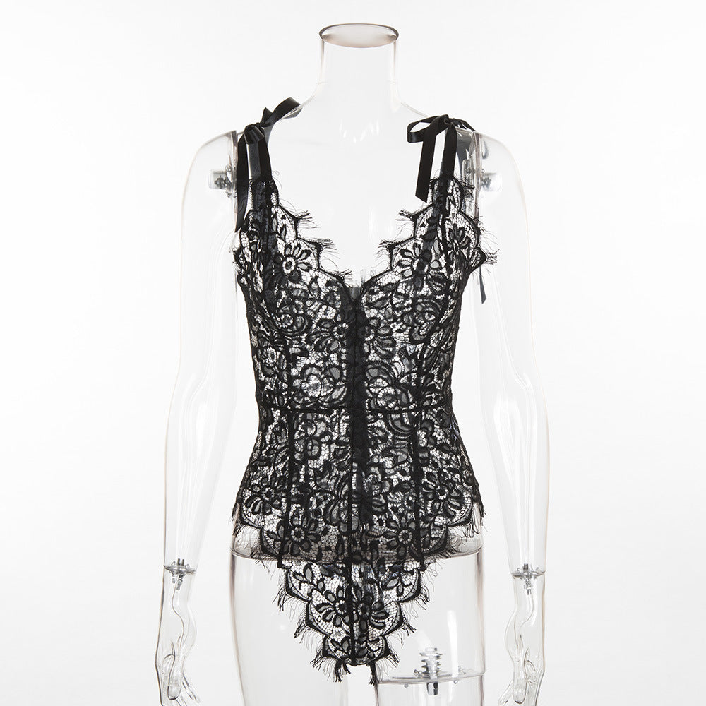 Body en dentelle patchwork pour femmes, lingerie, fermeture éclair au dos, fermeture éclair